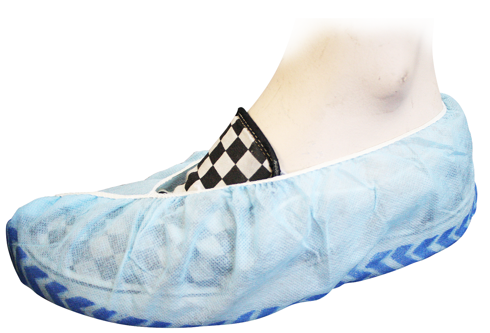 Mediflex non-slip shoe covers PPE in blue worn on checkered slip-on shoe for safety